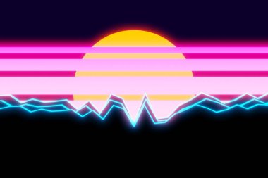 Geçmişe dönük fütüristik geçmiş 1980 'ler tarzı. Siber dünyada dijital bir manzara var. Arazide güneş, uzay, dağlar ve lazer ızgaralı üç boyutlu resimleme şablonu.