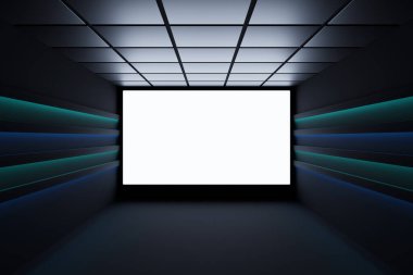 Tiyatronun neon ışıklı konser salonunun 3D renkli çizimi. Tiyatronun içindeki salon ya da sahnenin beyaz monitörlü görüntüsü.