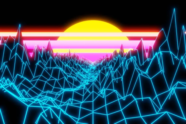3Dレンダリング 仮想現実 山の間の幾何学的なラインから夕日への道 80年代のスタイルでデザイン 未来派シンセサイザーレトロ波イラスト — ストック写真