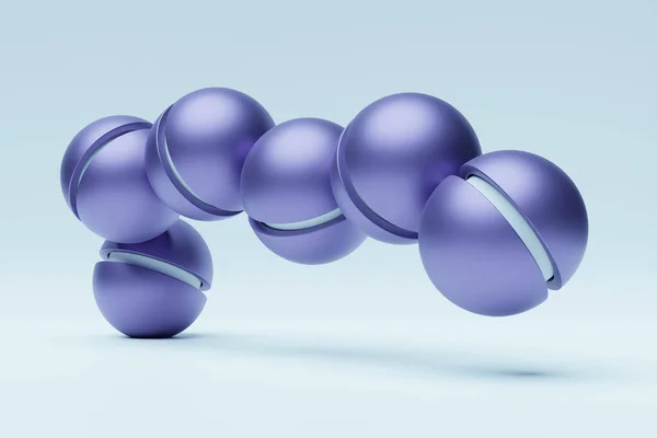 3d illustration of a  purple  spheres on a blue  background. Digital metaball background of flying