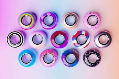 Mavi arka planda el yapımı güzel gökkuşağı bilezikleri. Boncuklu mücevherler için kullan. 3B illüstrasyon