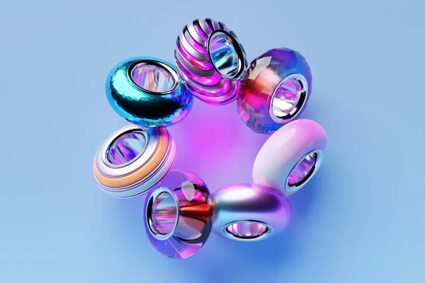 Les Perles Multicolores Sont Dispersées Sur Fond Bleu Gros Plan — Photo