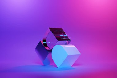 3D illustration, neon illusion isometric abstract shapes colorful shapes intertwined