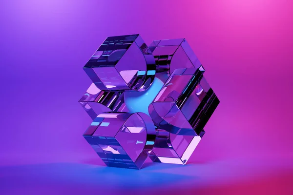 抽象色を背景にした3Dデザイン ネオンカラーの下に透明形状の3Dレンダリング — ストック写真