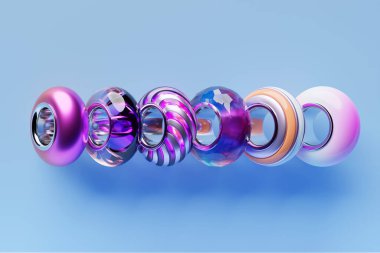 Çok renkli boncuklar mavi arka plana saçılmış. Yakın plan makro, modaya uygun giysiler. Boncuklu bir kolye, boncuklu boncuklar, boncuklu tığ işi. Günlük boncuklar. 3B illüstrasyon 