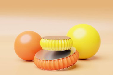 Geometrik bir kompozisyonun arka planında turuncu ve sarı daire şeklinde bir podyumun 3 boyutlu çizimi. 3D görüntüleme. Minimalizm geometri arka planı