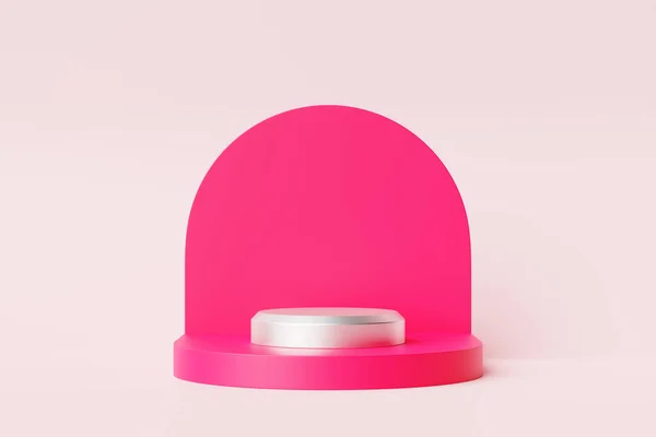 一个粉色圆形讲台的3D插图站在几何构图的背景上 3D渲染 简约主义几何背景 — 图库照片