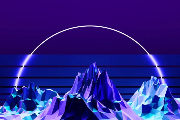 青の背景に異なるサイズの3Dイラストネオンカラフルな山 鋭い波だ アブストラクトライン 流れの背景 — ストック写真