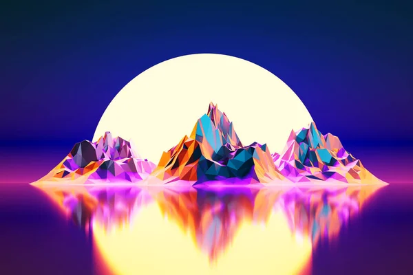 3Dレンダリング 仮想現実 山の間の夕日 80年代のスタイルでデザイン 未来派シンセサイザーレトロ波イラスト — ストック写真
