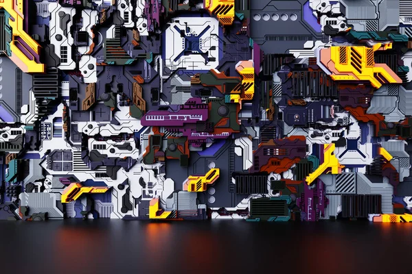 一个未来派机器的细节3D展示了一个由各种细节组成的未来主义墙 网络朋克背景 工业壁纸 Grunge Details — 图库照片