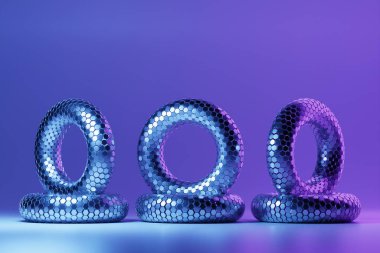 3D illüstrasyon. Metalik torusların monokrom arka planı, deseni. Geometri arkaplanı