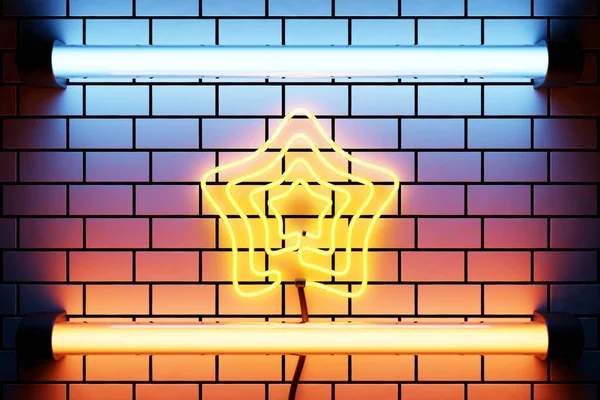 3D illustration of the  neon  yellow star arrow on a brick  wall. Realistic shiny signboard. Glowing star icon. Colored neon banner.