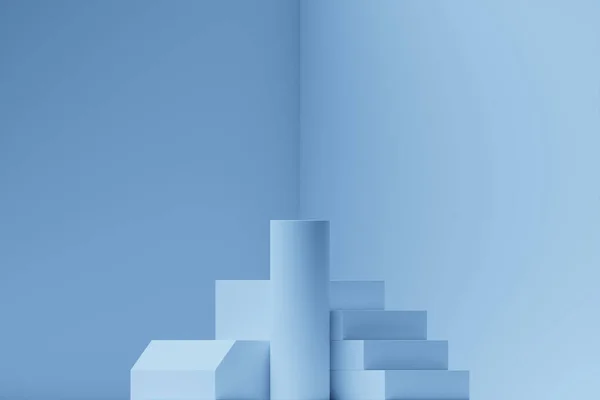 幾何学的構成を背景にした青い円の表彰台の3Dイラスト 3Dレンダリング ミニマリズム幾何学的背景 — ストック写真