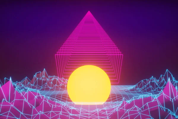 Futuristic retro landscape of the 80s. 3D illustration of the sun with mountains in retro style. Digital retro cyber surface. Suitable for 1980s style design.