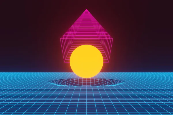 미래적 풍경입니다 태양의 역으로 표현되어 디지털의 사이버 1980 대스타일 디자인에 — 스톡 사진