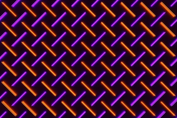 3D图片显示一排橙色和紫色条纹侧边细胞 一组在黑暗背景上的网格 正方形图案技术几何背景 — 图库照片