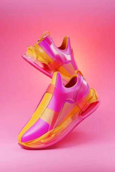 3d illustration  pink and orange new sports sneakers  on a huge foam sole, sneakers in an ugly style. Fashionable sneakers.