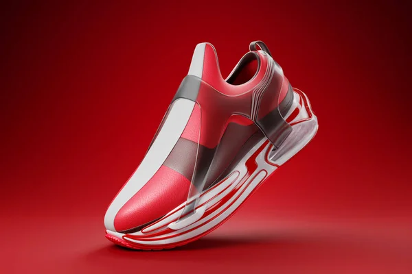 Sneaker Premium Render Obiekt Odizolowany Czerwonym Tle — Zdjęcie stockowe