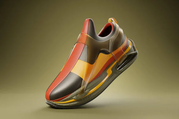 3D说明绿色和棕色的新运动鞋在一个巨大的泡沫底 运动鞋在丑陋的风格 时髦的运动鞋 — 图库照片