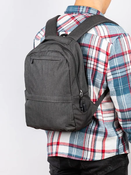 Close Young Student Plaid Shirt Gray Backpack Study Work Light — Stok Foto
