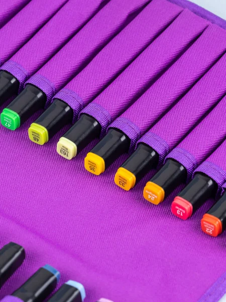 在浅色背景下隔离的铅笔盒中画的彩色毛笔的近景 — 图库照片