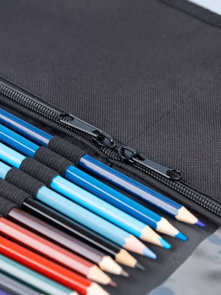 Zestaw Profesjonalnego Ołówka Czarnym Etui Jasnym Tle — Zdjęcie stockowe