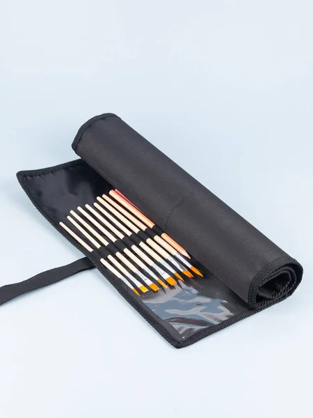 Siyah Bir Çantada Arka Planda Parlak Bir Kalem Seti — Stok fotoğraf