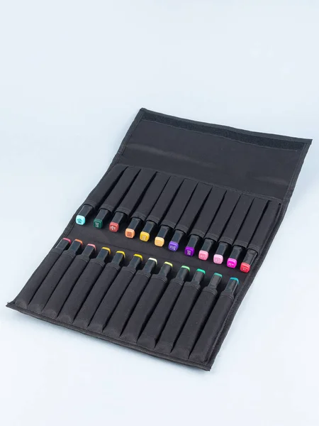 一组背景浅的黑色箱子中的专业标记 素描用的标记有很多种颜色 — 图库照片