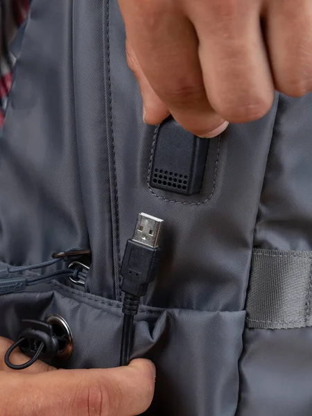 Close Usb Connector Gray Backpack Bag — Stock Photo, Image