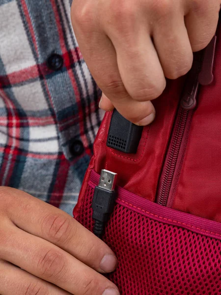 Close Usb Connector Red Backpack Bag — Stock Photo, Image