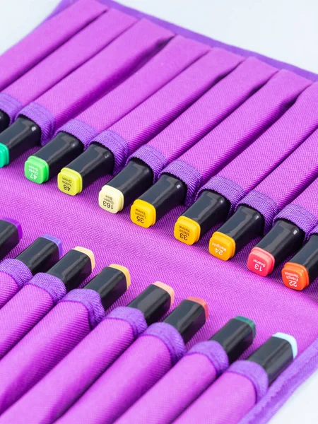 Close Das Canetas Feltro Multicoloridas Para Desenhar Caso Lápis Isolado — Fotografia de Stock