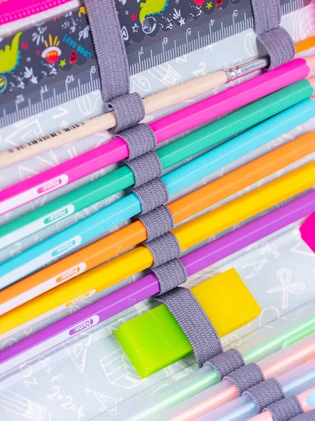 Close Stationery Pens Pencils Felt Tip Pens Attached School Pencil — Stock Photo, Image