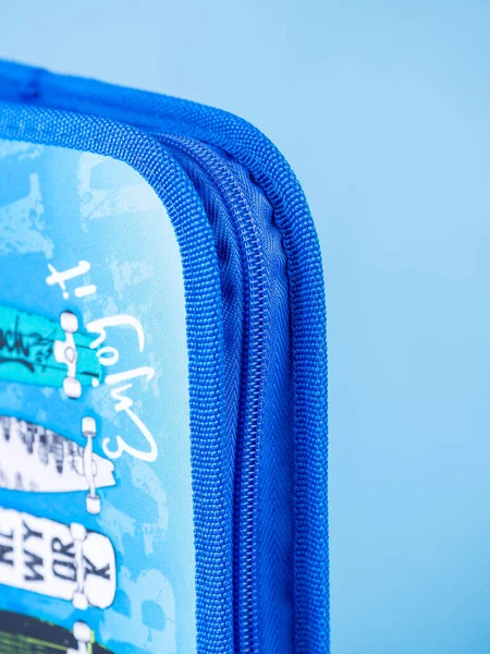 Close Blue Zipper School Pencil Case Blue Background — Stock Photo, Image
