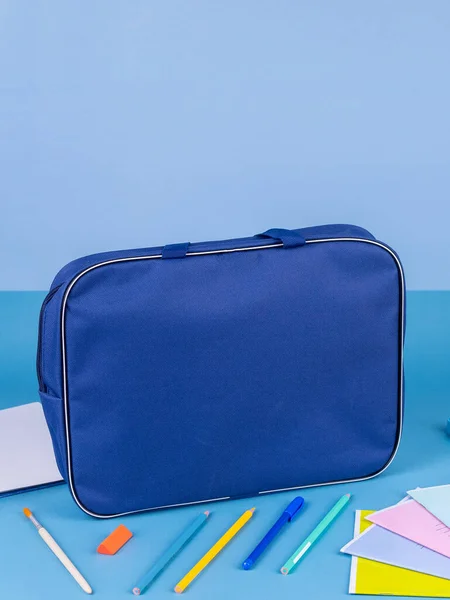 Blue Briefcase Folder Documents School Items Bright Blue Table Next — Stock Photo, Image