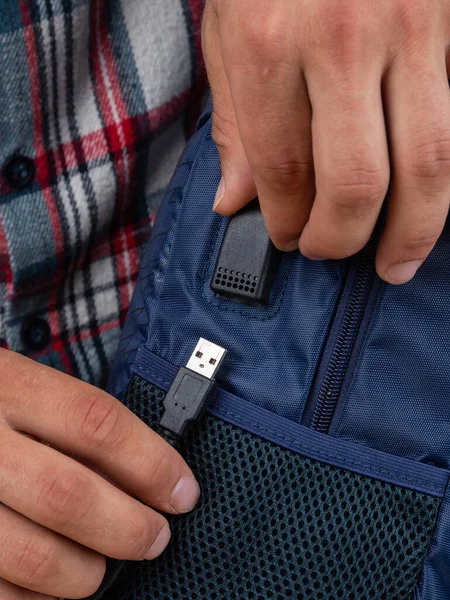 Usb Charging Blue Backpack Close — Stock Photo, Image