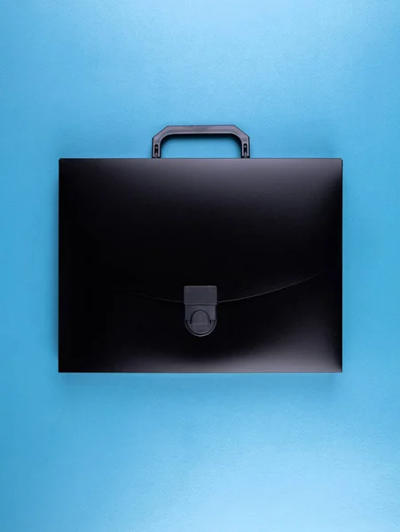 Black Plastic Briefcase Folder Documents School Items Bright Blue Table — Stock Photo, Image