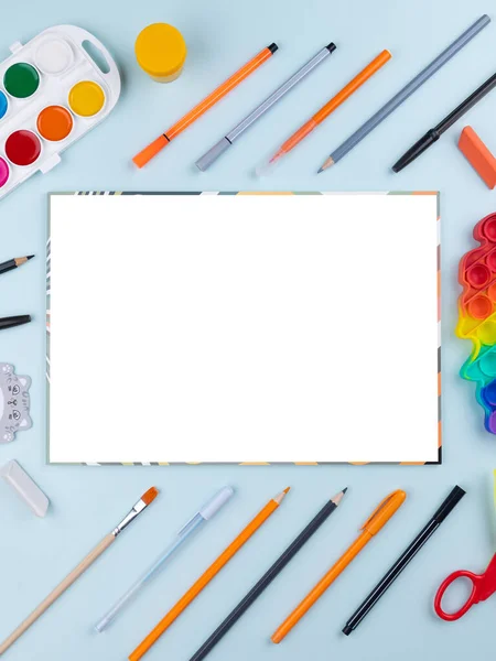 Open Blank Sheet Sketchbook Watercolors Gouache Brushes Other Stationery Light — Stock Photo, Image