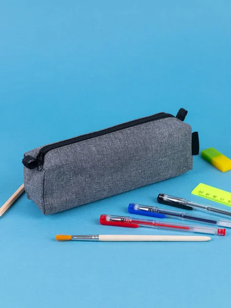 Back School Concept Pencil Case School Stationery Blue Background — Stock Photo, Image