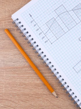 Damalı bir defterin üzerinde duran turuncu bir tahta kalemin yakın plan çekimi, çalışmaya hazır.