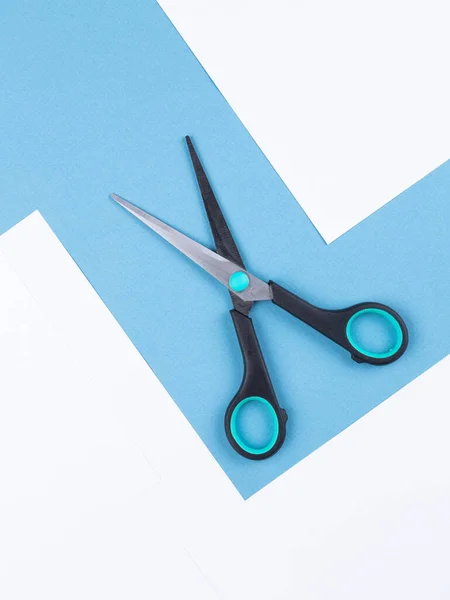 Opened Metal Scissors Turquoise Blue Background — Stock Photo, Image