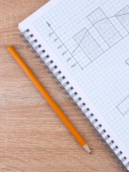 Close-up of a orange  slate pencil lying on a checkered notebook, ready to start work