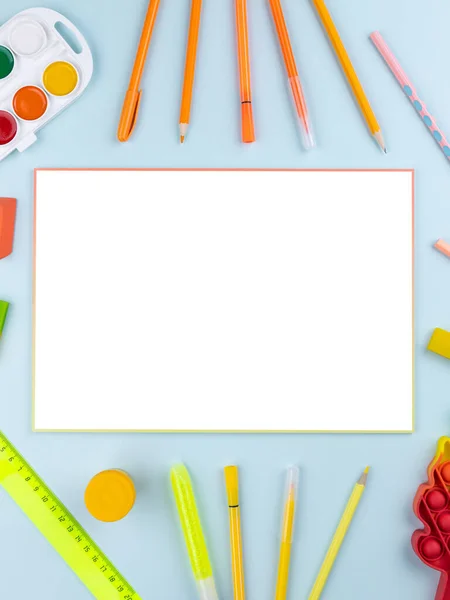Sketchbook Various Stationery Bright Multi Colored Background Copy Space — Stock Photo, Image