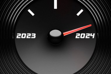 2023 'ün sonu ve 2024' ün başını gösteren detaylı bir hız göstergesinin 3 boyutlu çizimi. Yeni yıla kadar aylar, zaman sayılıyor.