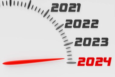 3D illüstrasyon siyah hız göstergesini 2023,2024 ile kapatın. Yeni yıl konsepti ve otomotiv alanında Noel. Yeni yıla kadar aylar, zaman sayılıyor.