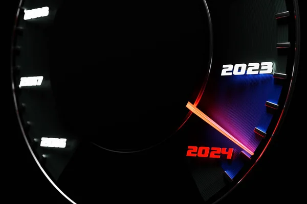 3D插图用速度计关闭仪表盘 速度计 上面写着圣诞快乐2023 2024 汽车家庭中新年和圣诞节的概念 — 图库照片