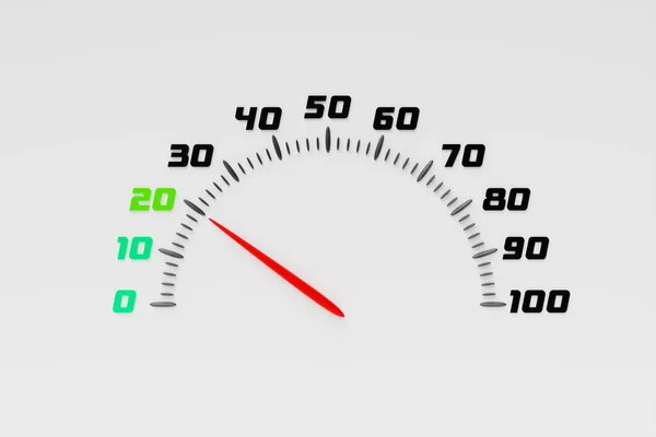 車の白いダッシュボードの3Dクローズアップイラスト スポーティなスタイルで赤い矢を持つデジタル明るいスピードメーター — ストック写真