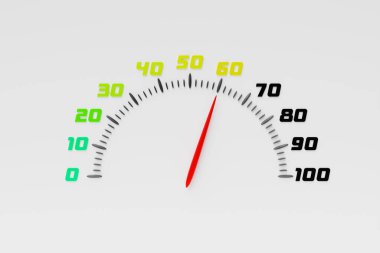 Bir arabanın beyaz gösterge panelinin 3 boyutlu yakın plan görüntüsü, sportif tarzda kırmızı oklu bir dijital parlak hız göstergesi.