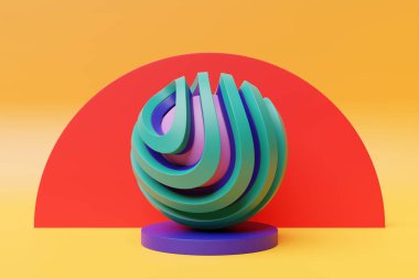 Mavi arka planda bir sürü yüzü ve deliği olan renkli bir kürenin üç boyutlu çizimi. Siber top küresi