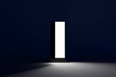 3d illustration of open door from which blue light shines in a dark room with blue  light.  Riddle, adventure and mystic concept