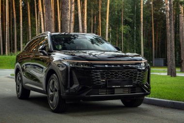 Novosibirsk, Rusya - 29 Ağustos 2023: Siyah EXEED RX bir ormanda park halinde. Başka araba ve insan yok..